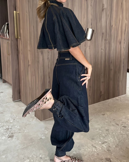 Curvvvy® Modern Denim Capelet & High-Waist Tapered Pants Two-Piece Set