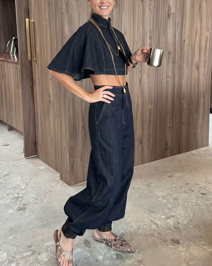 Curvvvy® Modern Denim Capelet & High-Waist Tapered Pants Two-Piece Set