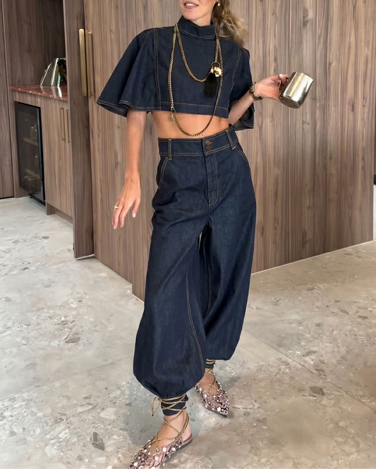 Curvvvy® Modern Denim Capelet & High-Waist Tapered Pants Two-Piece Set