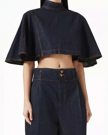 Curvvvy® Modern Denim Capelet & High-Waist Tapered Pants Two-Piece Set