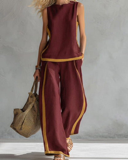 Curvvvy® Sleeveless Contrast Trim Top Wide Leg Pants Set Breezy Summer Outfit