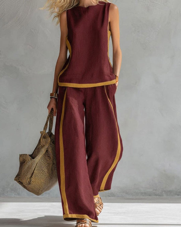 Curvvvy® Sleeveless Contrast Trim Top Wide Leg Pants Set Breezy Summer Outfit