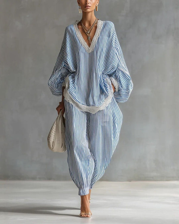 Curvvvy® Striped Lace Trim Oversized Two-Piece Set Boho Coastal Chic Outfit