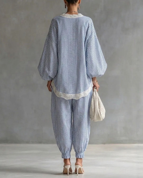 Curvvvy® Striped Lace Trim Oversized Two-Piece Set Boho Coastal Chic Outfit