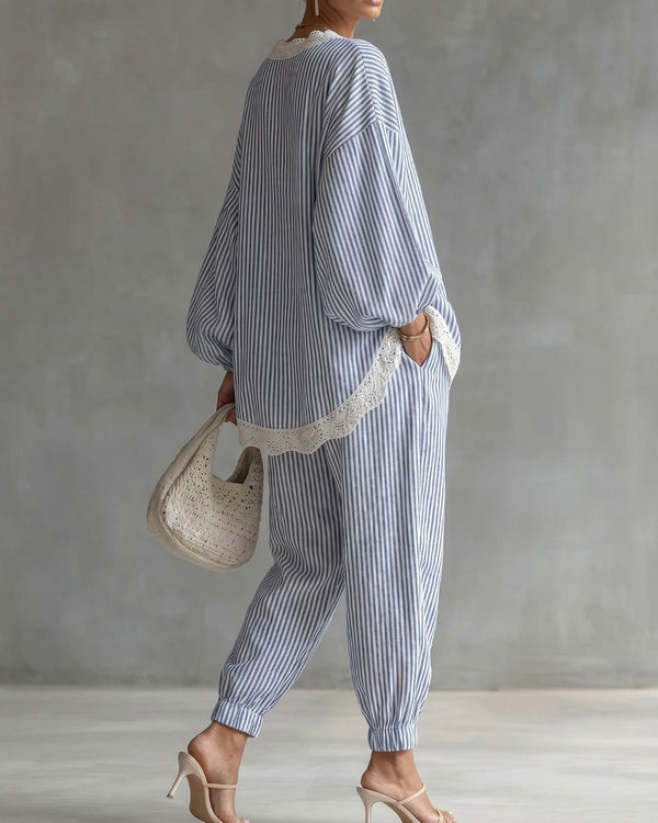 Curvvvy® Striped Lace Trim Oversized Two-Piece Set Boho Coastal Chic Outfit