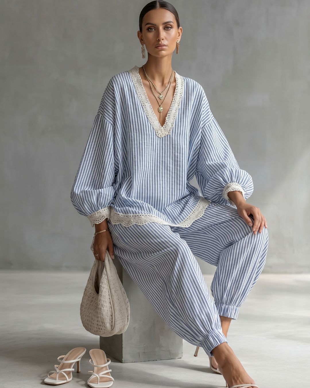 Curvvvy® Striped Lace Trim Oversized Two-Piece Set Boho Coastal Chic Outfit