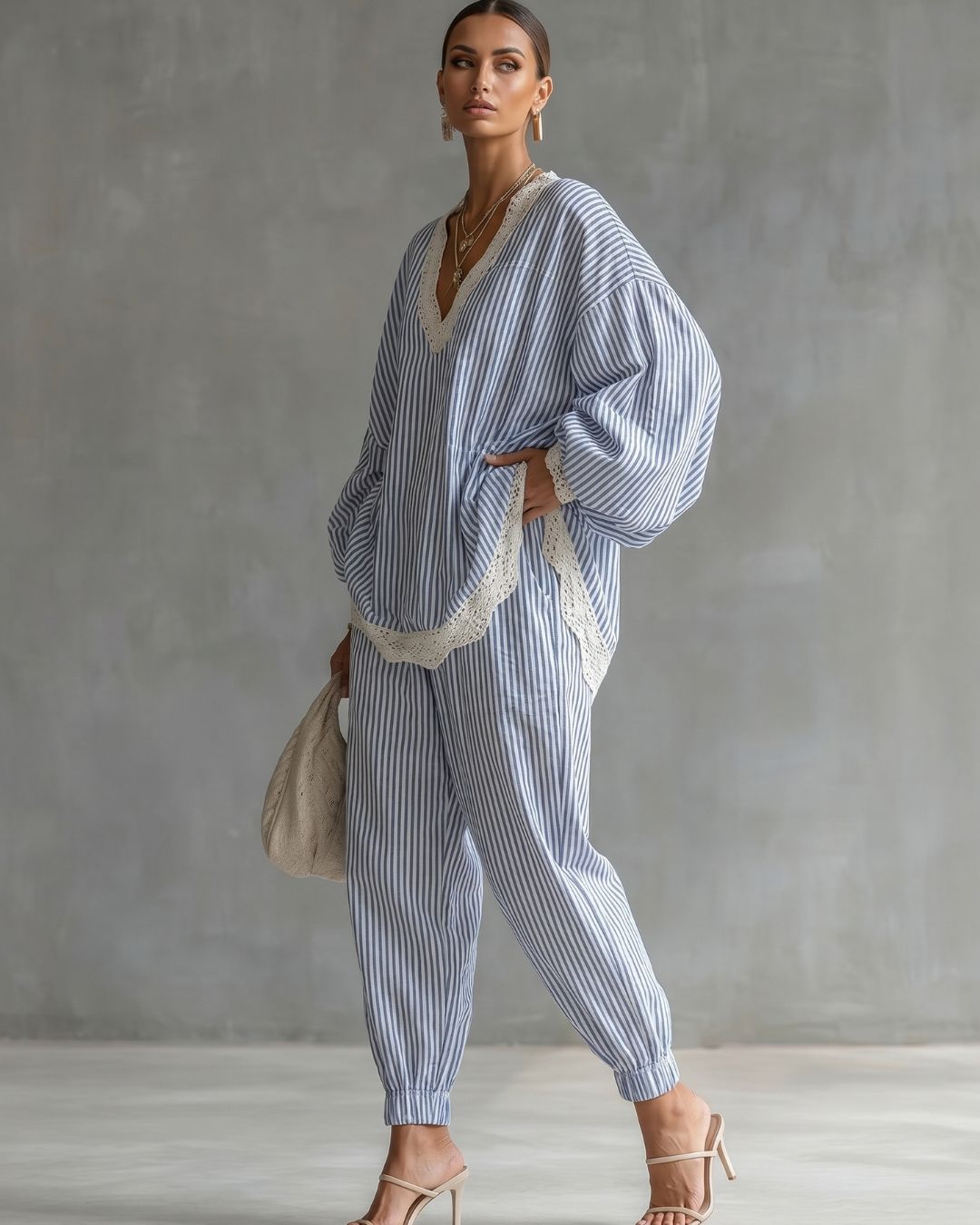 Curvvvy® Striped Lace Trim Oversized Two-Piece Set Boho Coastal Chic Outfit
