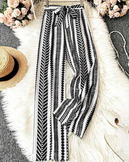 Curvvvy® Bohemian Print Tie-Waist Wide Leg Beach Pants