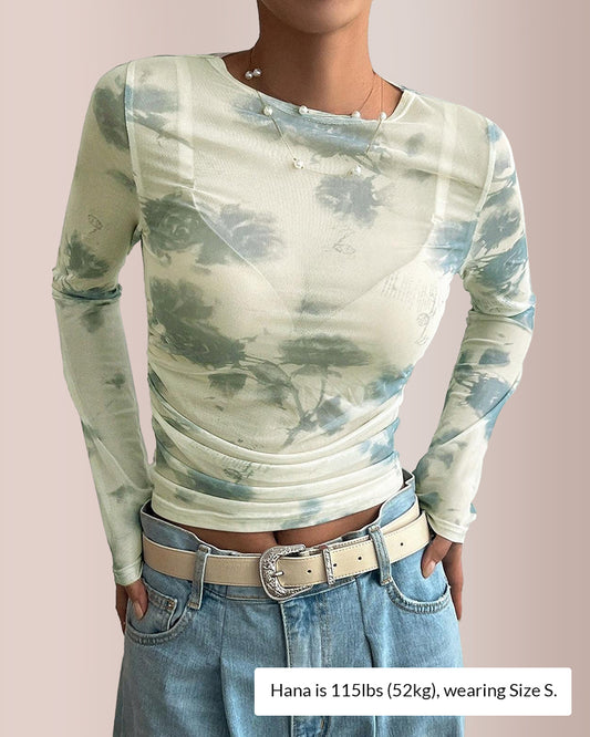 Curvvvy® Y2K Sheer Floral Mesh Ruched Long Sleeve Crop Top