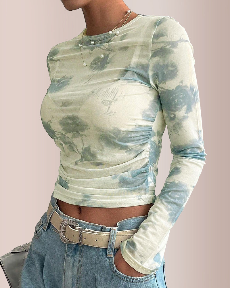 Curvvvy® Y2K Sheer Floral Mesh Ruched Long Sleeve Crop Top