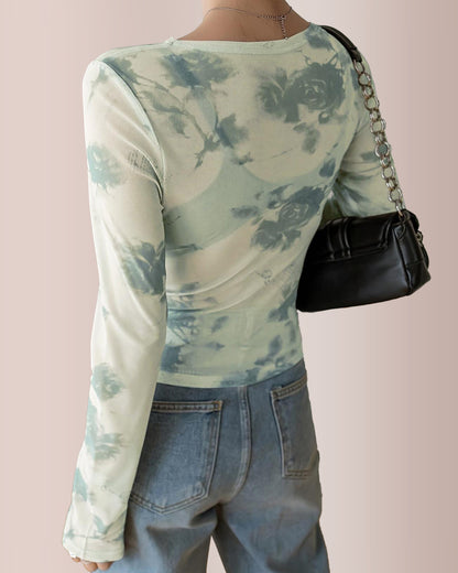 Curvvvy® Y2K Sheer Floral Mesh Ruched Long Sleeve Crop Top