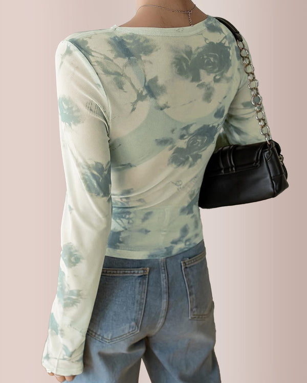 Curvvvy® Y2K Sheer Floral Mesh Ruched Long Sleeve Crop Top