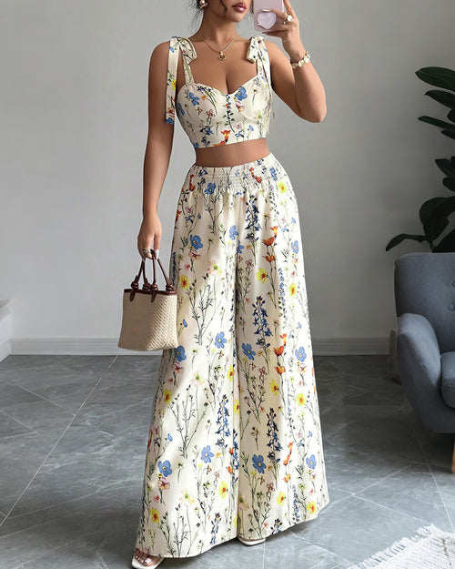 Curvvvy® Summer Bloom Tie-Strap Crop Top & Wide Leg Pant Set