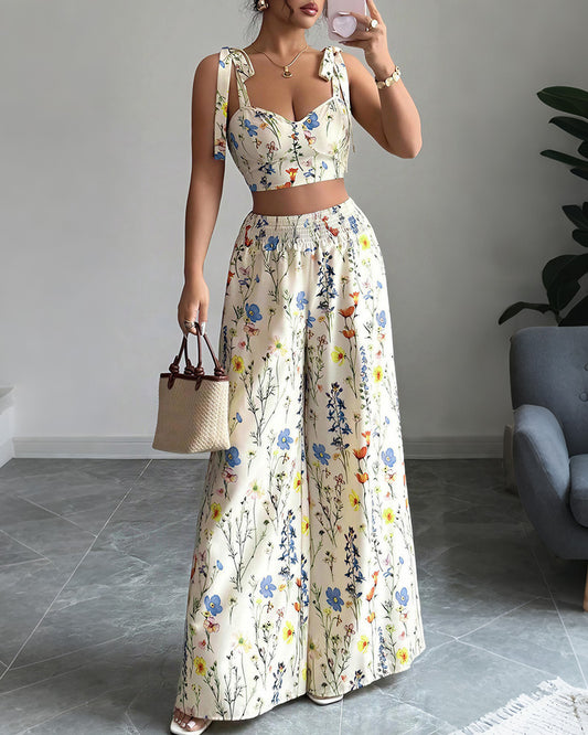 Curvvvy® Summer Bloom Tie-Strap Crop Top & Wide Leg Pant Set