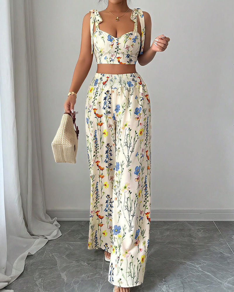 Curvvvy® Summer Bloom Tie-Strap Crop Top & Wide Leg Pant Set