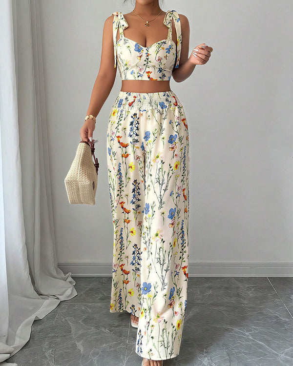 Curvvvy® Summer Bloom Tie-Strap Crop Top & Wide Leg Pant Set