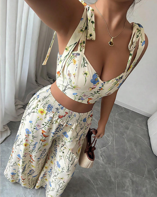 Curvvvy® Summer Bloom Tie-Strap Crop Top & Wide Leg Pant Set