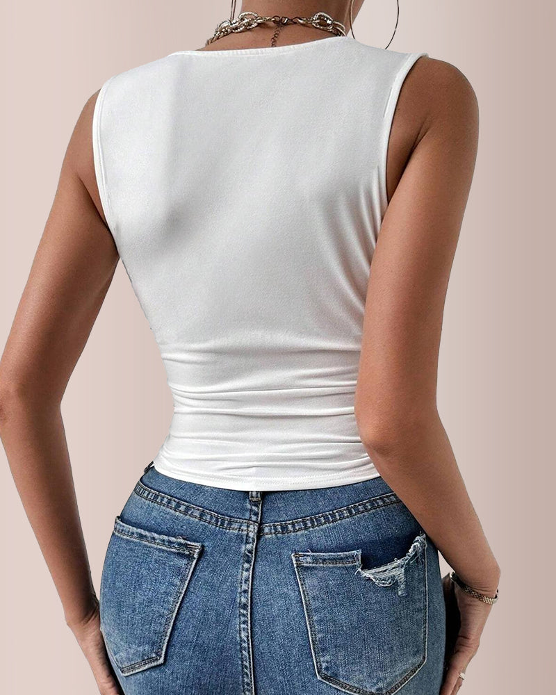 Curvvvy® Ruched Ruffle Trim Sleeveless Top