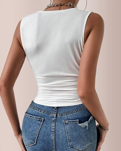 Curvvvy® Ruched Ruffle Trim Sleeveless Top