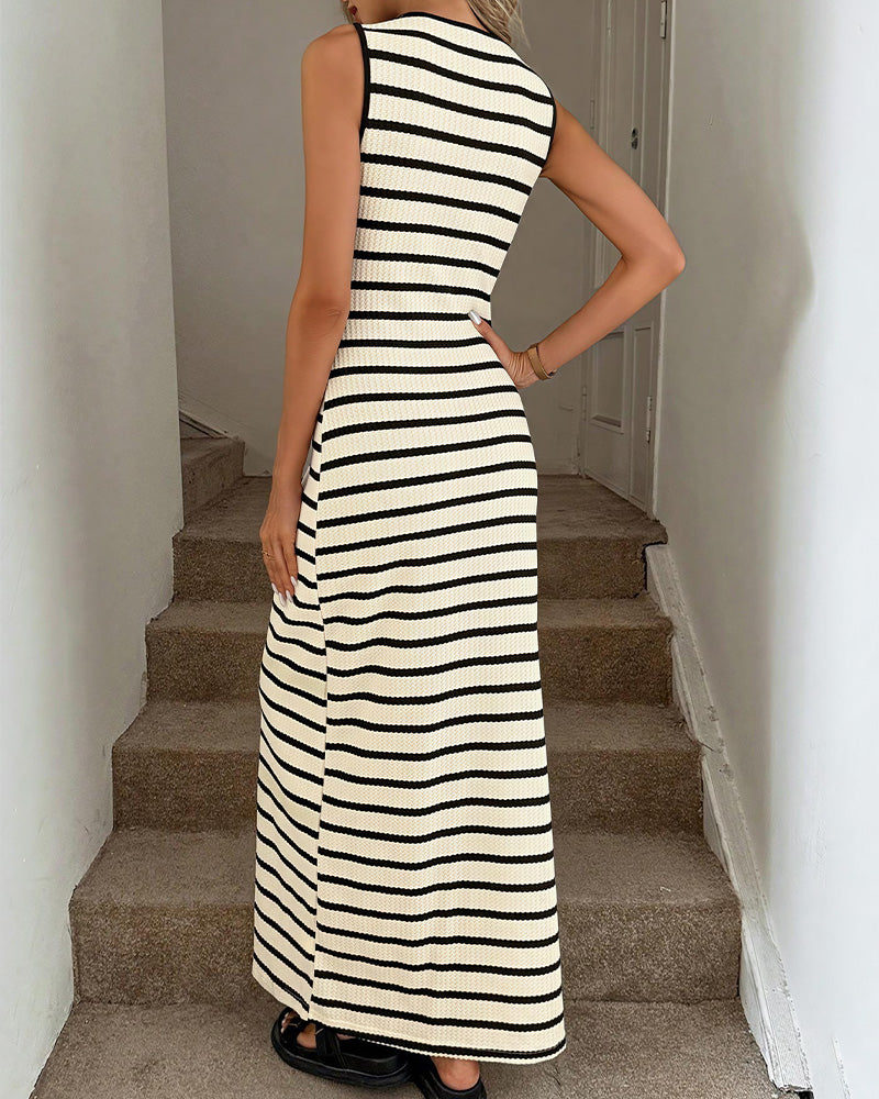 Curvvvy® French Striped Sleeveless Knit Button-Down Maxi Dress