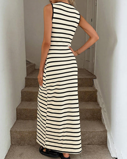 Curvvvy® French Striped Sleeveless Knit Button-Down Maxi Dress