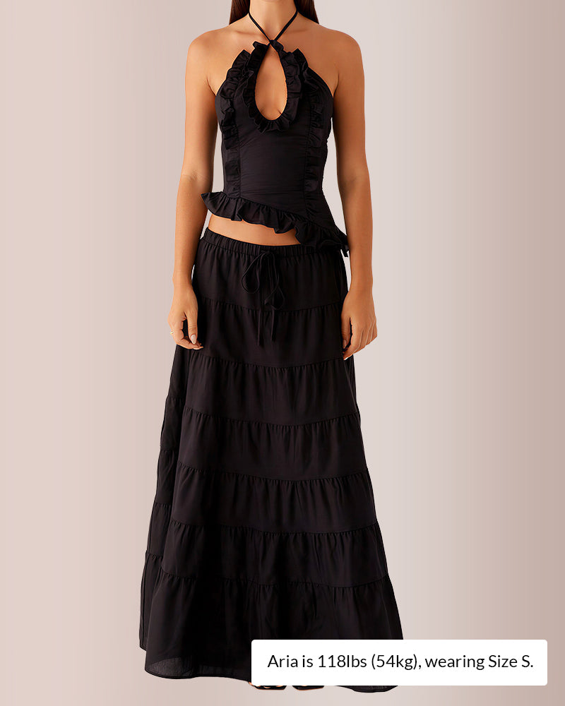 Curvvvy® Ruffle Halter Top & Tiered Maxi Skirt Two-Piece Set