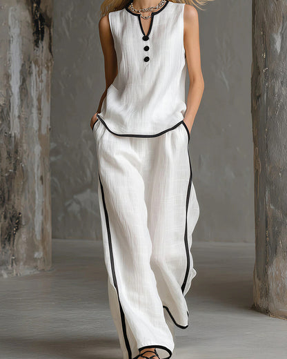 Curvvvy® Contrast Edge Sleeveless V-Neck Top & Wide-Leg Pants Set