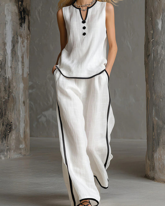 Curvvvy® Contrast Edge Sleeveless V-Neck Top & Wide-Leg Pants Set