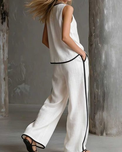 Curvvvy® Contrast Edge Sleeveless V-Neck Top & Wide-Leg Pants Set