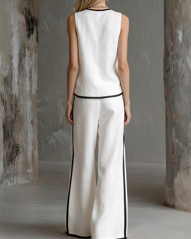 Curvvvy® Contrast Edge Sleeveless V-Neck Top & Wide-Leg Pants Set