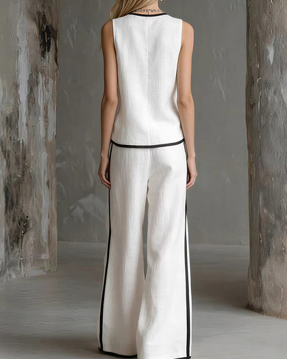 Curvvvy® Contrast Edge Sleeveless V-Neck Top & Wide-Leg Pants Set