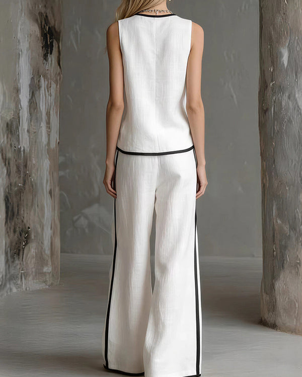 Curvvvy® Contrast Edge Sleeveless V-Neck Top & Wide-Leg Pants Set
