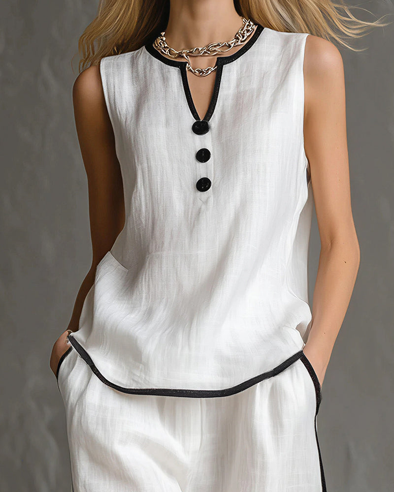 Curvvvy® Contrast Edge Sleeveless V-Neck Top & Wide-Leg Pants Set