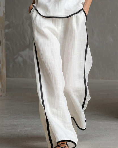 Curvvvy® Contrast Edge Sleeveless V-Neck Top & Wide-Leg Pants Set