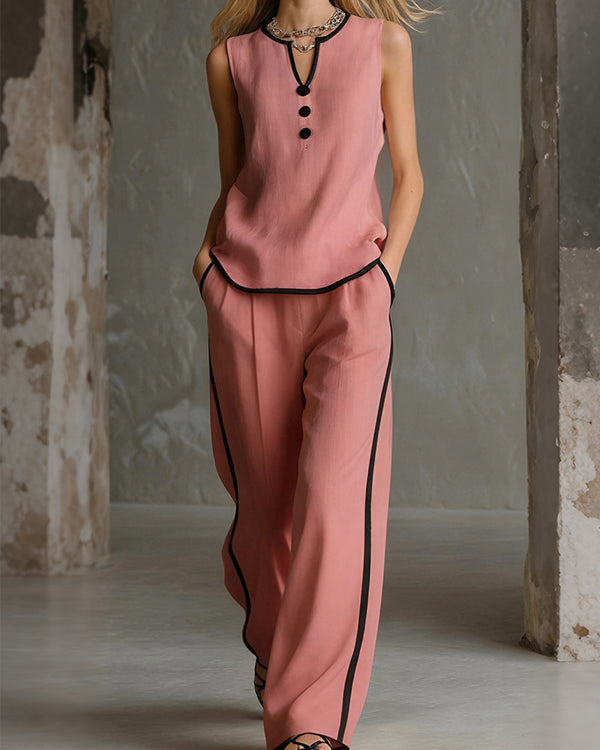 Curvvvy® Contrast Edge Sleeveless V-Neck Top & Wide-Leg Pants Set