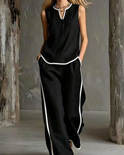 Curvvvy® Contrast Edge Sleeveless V-Neck Top & Wide-Leg Pants Set