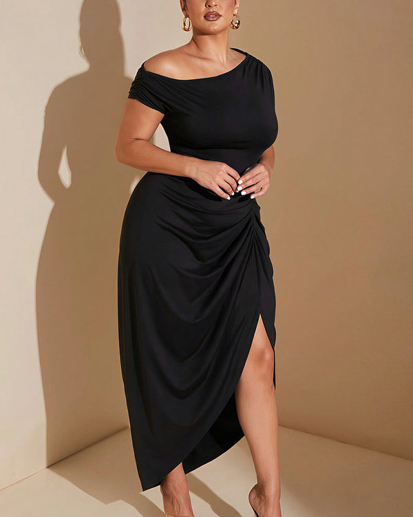 Curvvvy® Asymmetrical Ruched Slit Bodycon Maxi Dress Plus Size
