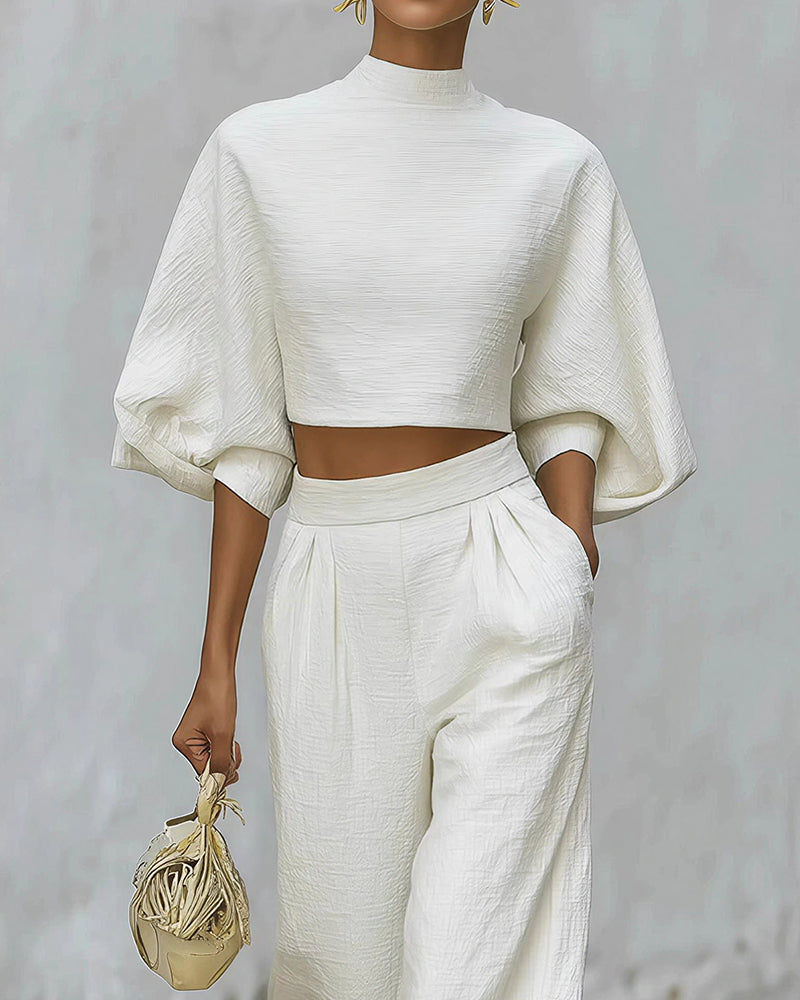 Curvvvy® Textured Two-Piece Set: Puff Sleeve Crop Top & Wide Leg Pants