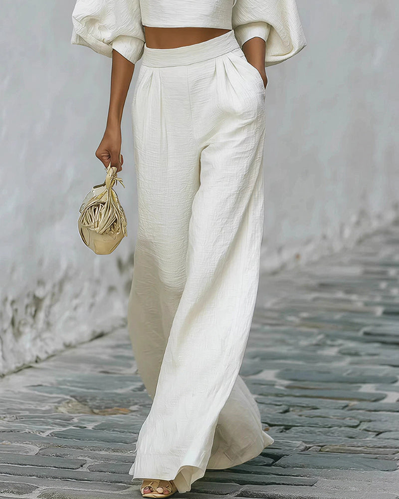 Curvvvy® Textured Two-Piece Set: Puff Sleeve Crop Top & Wide Leg Pants