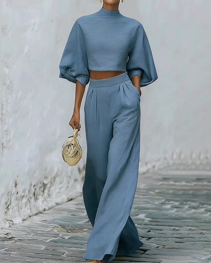 Curvvvy® Textured Two-Piece Set: Puff Sleeve Crop Top & Wide Leg Pants