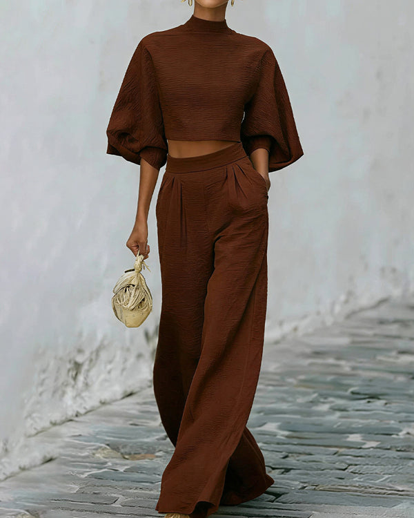 Curvvvy® Textured Two-Piece Set: Puff Sleeve Crop Top & Wide Leg Pants