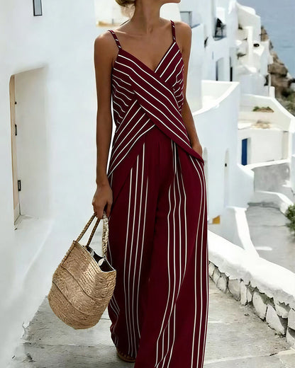 Curvvvy® Striped V-Neck Wrap Cami & Wide Leg Pants Two-Piece Resort Set