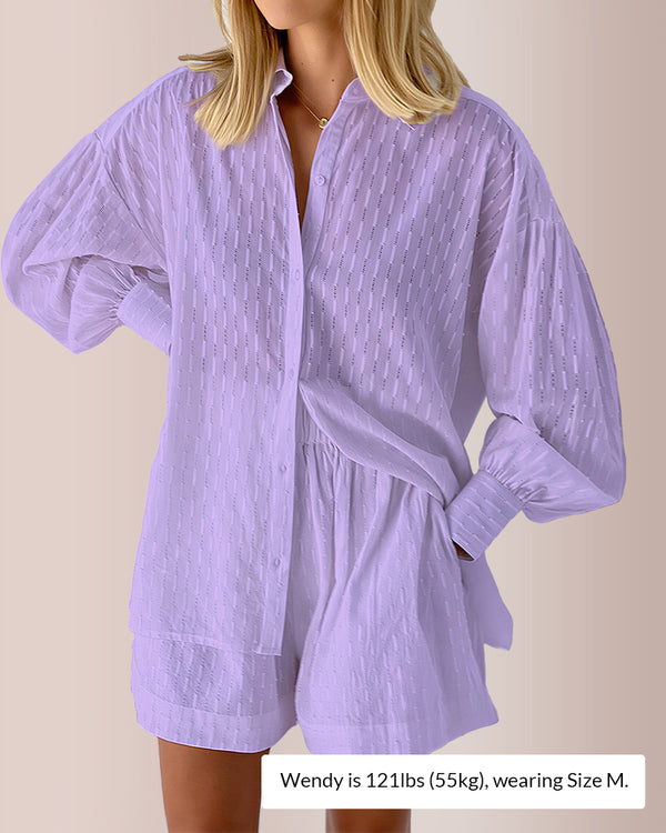 Curvvvy® Effortless Textured Puff Sleeve Shirt & Shorts Lounge Set
