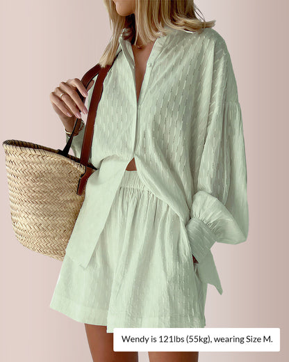 Curvvvy® Effortless Textured Puff Sleeve Shirt & Shorts Lounge Set