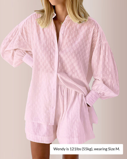 Curvvvy® Effortless Textured Puff Sleeve Shirt & Shorts Lounge Set