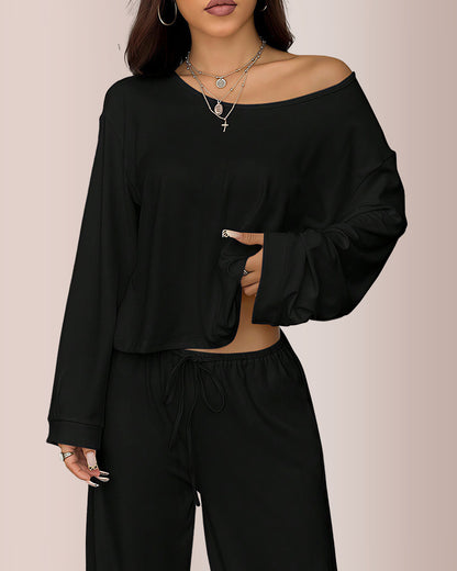 Curvvvy® Slouchy Off-Shoulder Crop Top & Wide Leg Lounge Set