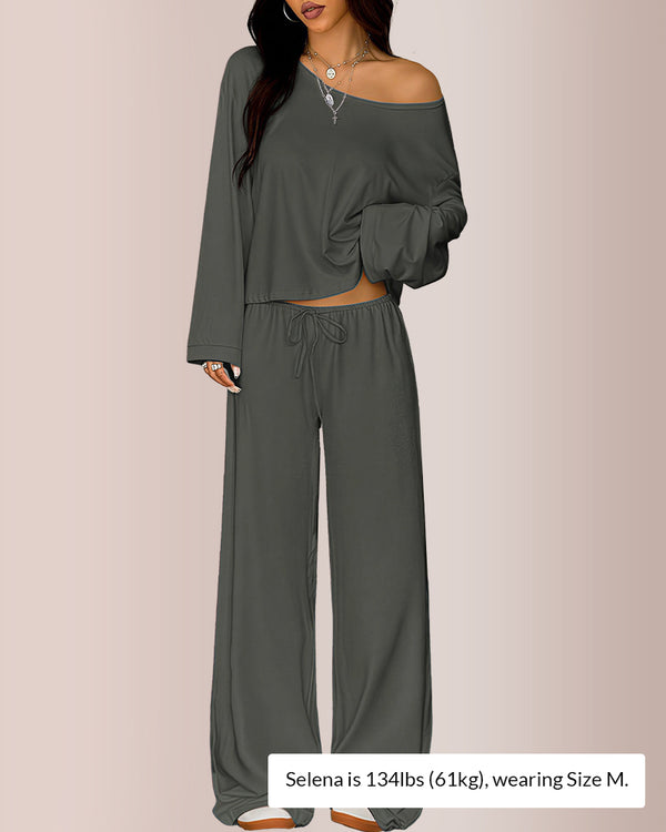 Curvvvy® Slouchy Off-Shoulder Crop Top & Wide Leg Lounge Set