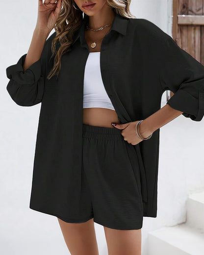 Curvvvy® Long Sleeve Button-Down Shirt & High Waist Shorts Casual 2-Piece Set