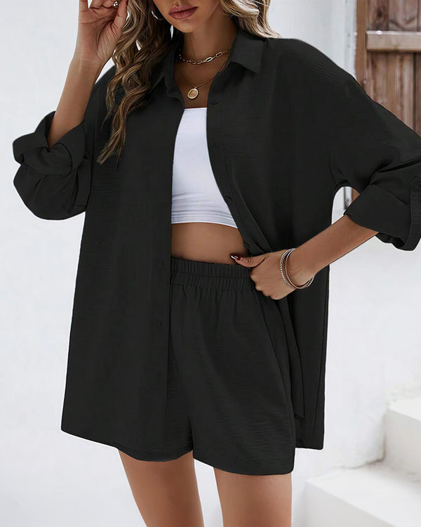 Curvvvy® Long Sleeve Button-Down Shirt & High Waist Shorts Casual 2-Piece Set