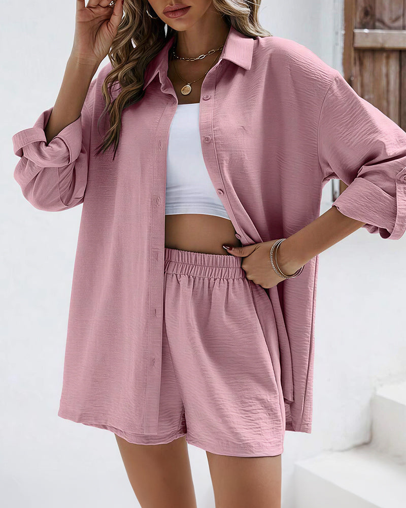 Curvvvy® Long Sleeve Button-Down Shirt & High Waist Shorts Casual 2-Piece Set